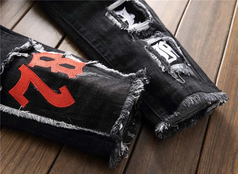 Mcikkny New Fashion Men's Punk Jeans Pants Washed Ripped Distressed Denim Trousers For Men Skull Tiger Embroidery Size 29-38 
