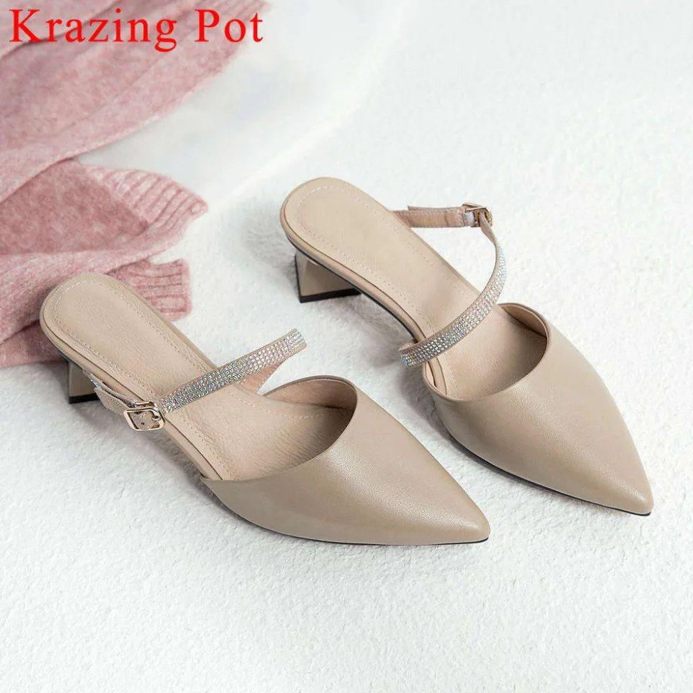 

2019 full grain leather oxford pointed toe med strange heels slip on mules graceful lady british style glitter crystal pumps L09