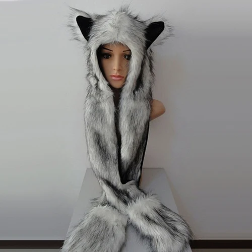 

Women Fashion Wolf Ears Paws Faux Fur 3 in 1 Hat Scarf Mittens Winter Warm Cap