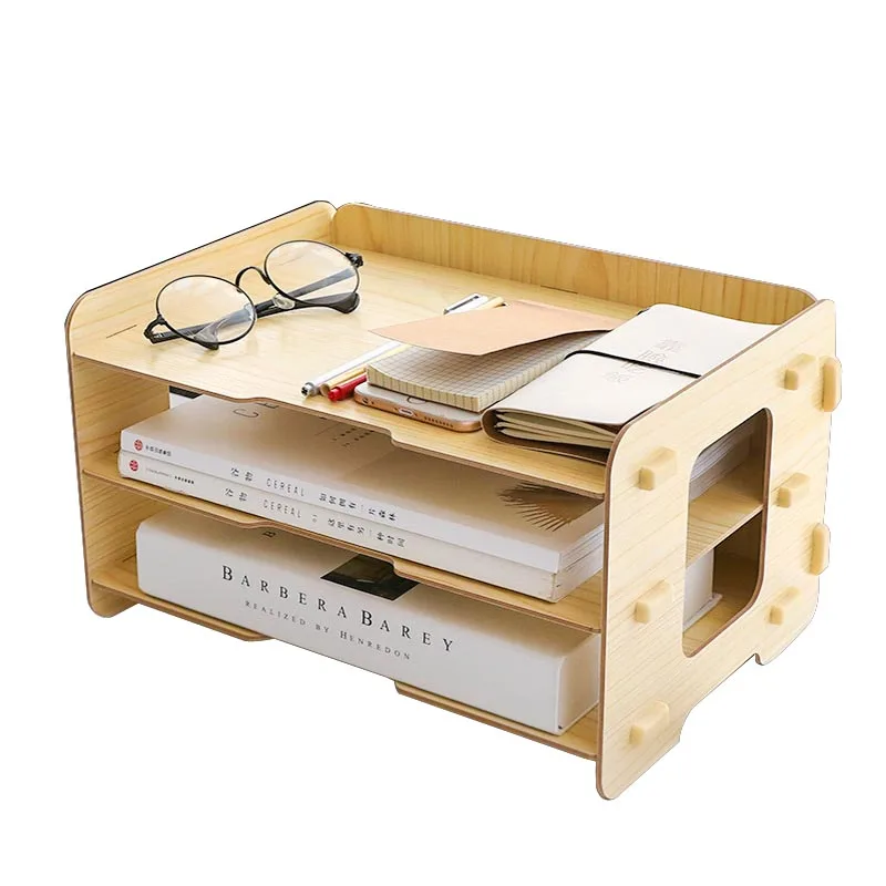 

Wooden DIY Magazine Organizers 3 Layers Shelves Office Documents Storage Stand Multi-functional Storage Box for Magazine Paper