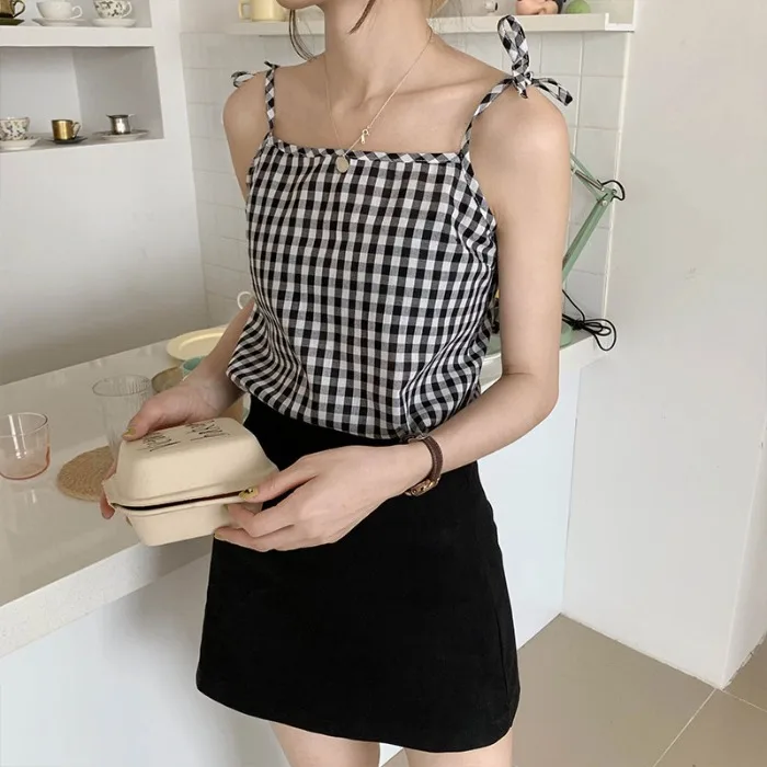 

3 colors korean preppy style plaid crop top womens Strap slim camis 2019 Summer casual lace up tops tees femal