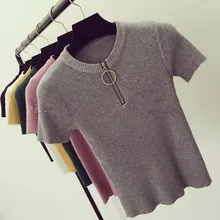 Blusa/ограниченное количество, Полиэстеровые тканые топы с блестками и единорогом, летняя Новинка, одноцветная тонкая круглая застежка-молния, шея, нитевидная футболка для женщин