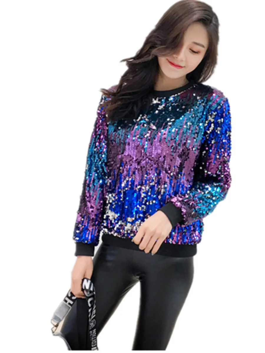 

Womans Color sequins Shiny Beaded Runway High Quality Long Sleeve Loose T-Shirt Tops Female 2019 Spring Women's T-Shirt