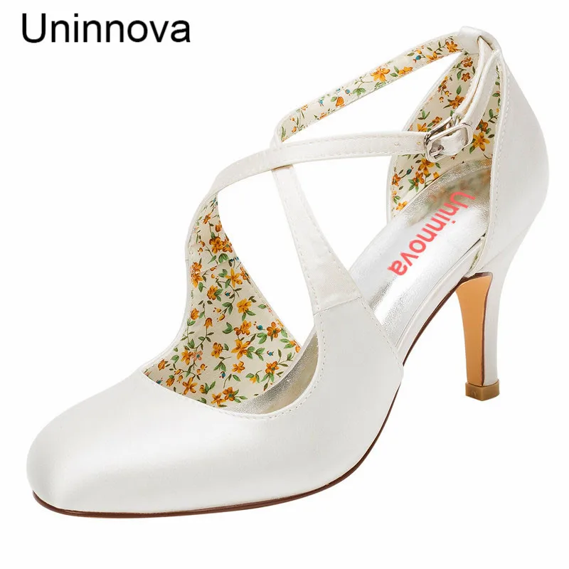 

Women D'orsay Round Toe Ivory White Satin Cross Tied Wedding Heels for Bride Bridesmaid Weding Pumps Uninnova 183-37