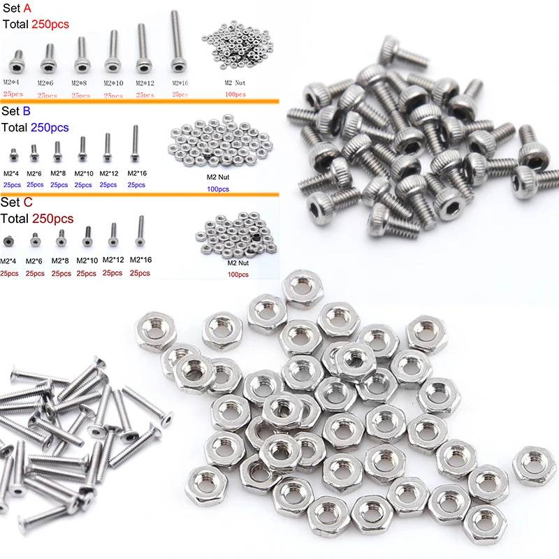 250pc/set Assortment Kit Set A2 Stainless Steel Hex Socket Screw Bolt Nut M2 Cap/Button/Flat Head Assortment Kit