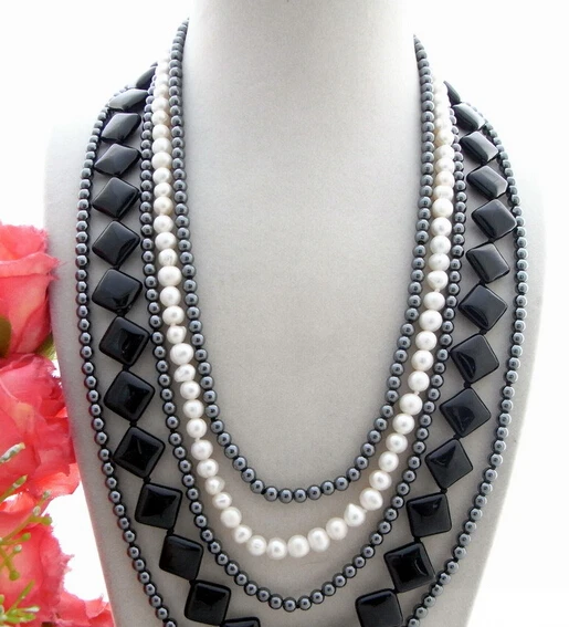 

huij 0035689 5Strds Pearl&Onyx&Hematite Necklace