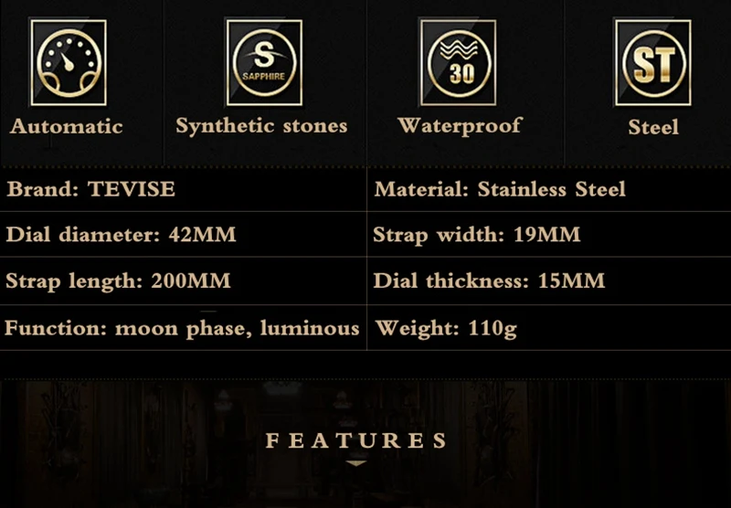 TEVISE Watch Men Moon Phase Mechanical Watches Luminous Automatic Watch Waterproof Steel Fashion Business Wristwatches Male  (5)