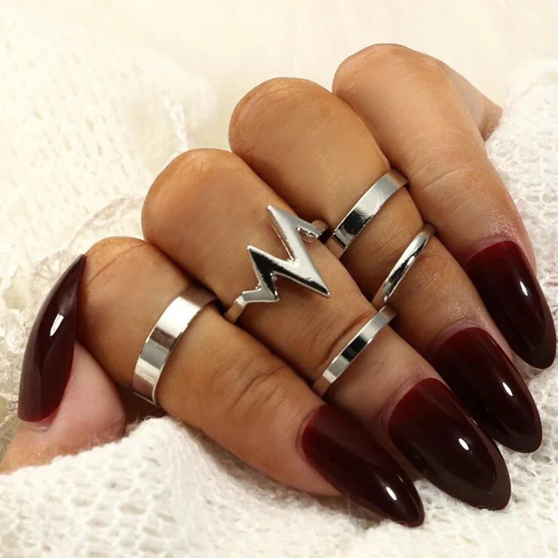 

R043 5pcs/Set Punk Style Metal Finger Knuckle Rings Charm Lightning ECG Ring Set Vintage Bohemia Style Ring Party Women Jewelry