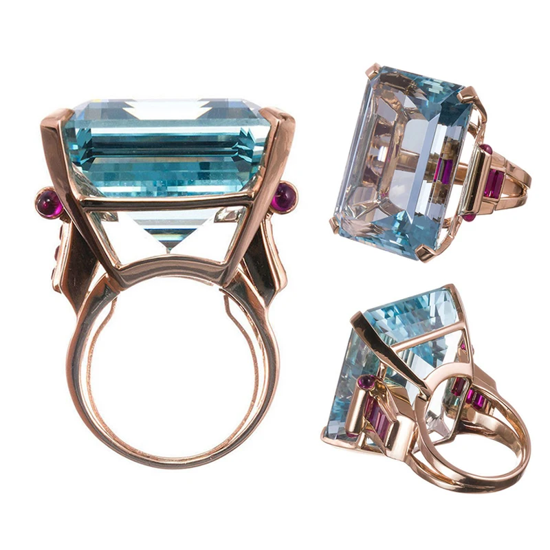 

Fashion Jewelry Day Gift Fashion Ring Rose Gold Color Rings Gifts Blue 1PC Big CZ Cubic Zircon Stone Women Size 6 7 8 9 10