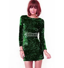 FANALA Sequined Dress Women Party Sexy Dress Stretch Bodycon Spring Autumn O-Neck Long Sleeve Backless Mini Dress Green Vestido