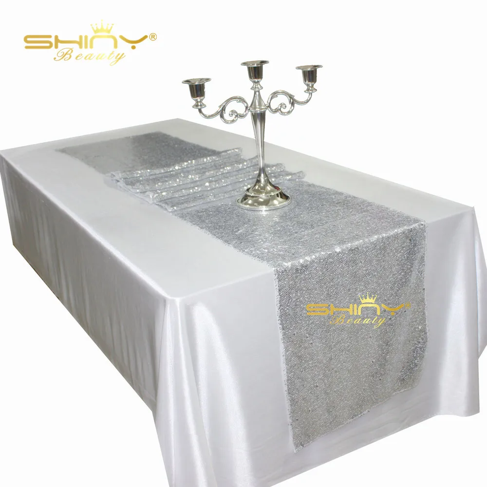 Silver Sequin Table Runner 14" x 108" Sequin TableCloth Wholesale