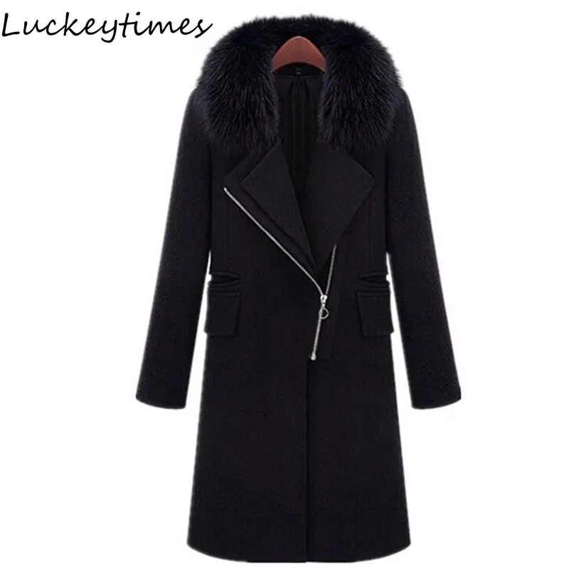 Zimní černé umělé kožešiny límec kabát bunda ženy 2019 nové módní tenký dlouhý zip elegantní elegantní kabát plus velikost vlněné dívky Parka