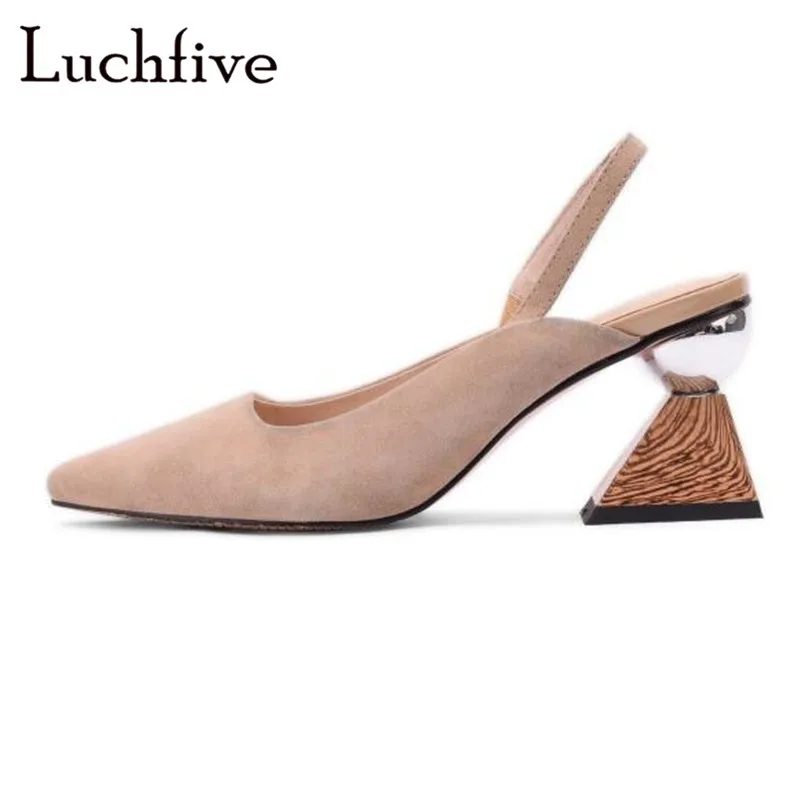 

Wooden Strange High heels Women pumps Genuine Leather Sexy pointy toe Party Shoes Black Beige Slingbacks Slip on Shoes Woman