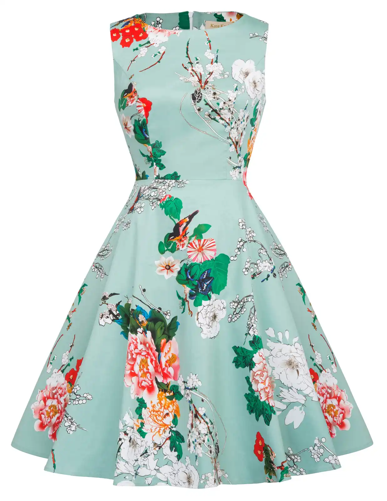 Kate Kasin Women Skater Dress Vintage V-Neck Sleeveless A-Line Swing Dress for Party Cocktail KKE02209