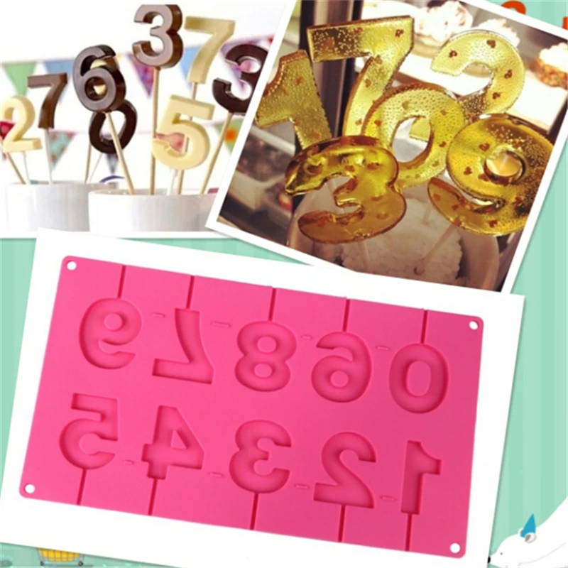 

0-9 Numbers Shape Lollipop Silicone Mold 3D Hand Made Pop Sucker Sticks Chocolate Lollipop Mold With Sticks Party Decoration