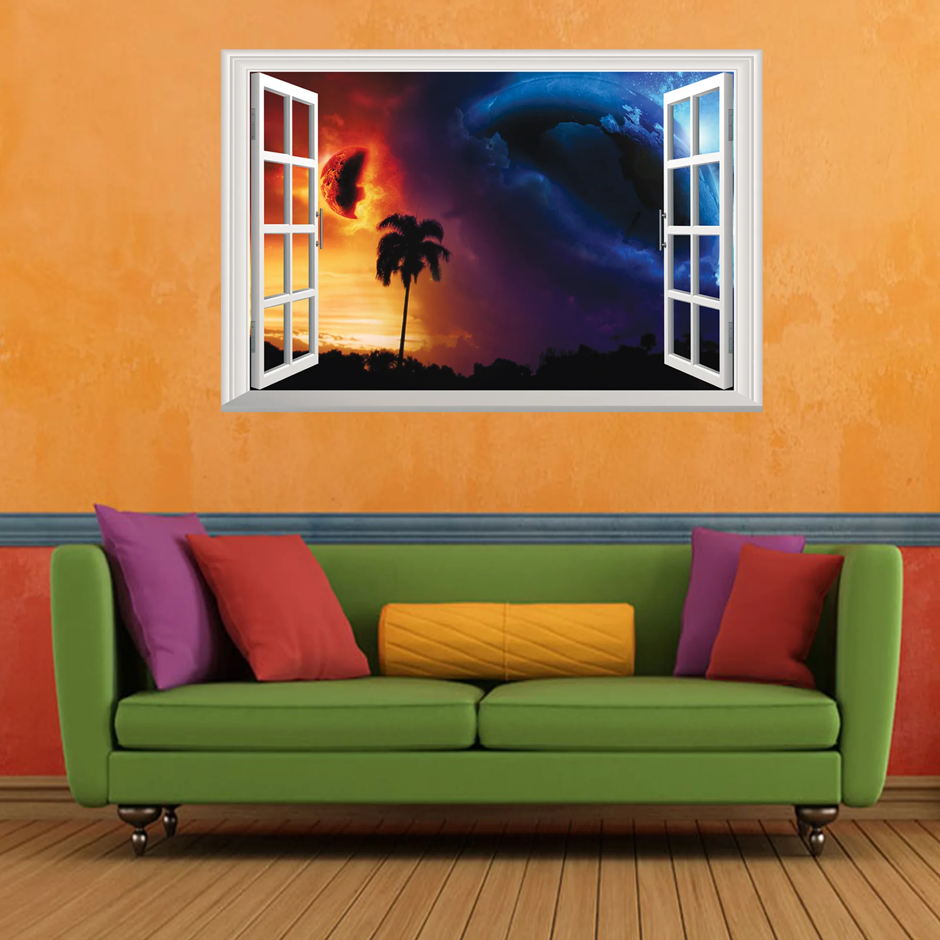 3D Fake Window Planet Crash View Mural Removable Wall Decals Sticker Decor landscape 3 d wall stickers | Дом и сад