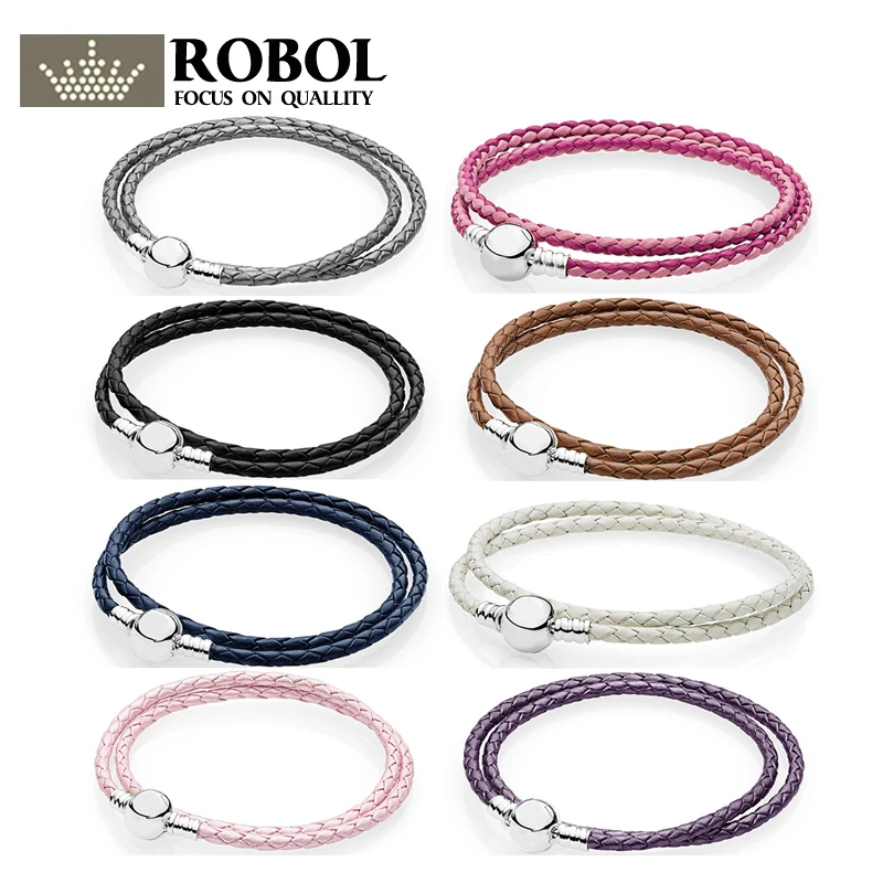 

ROBOL 100%925 Sterling Silver Fashion Lovers Leather Double Loop Bracelet (Multi Color Choice) DIY Gift Jewelry Factory Direct