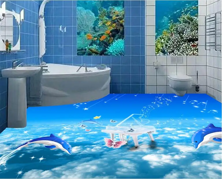 

3d floor modern custom wallpaper-roll-size 3d floor murals Sky Dolphins room self adhesive wallpaper waterproof bathroom floor