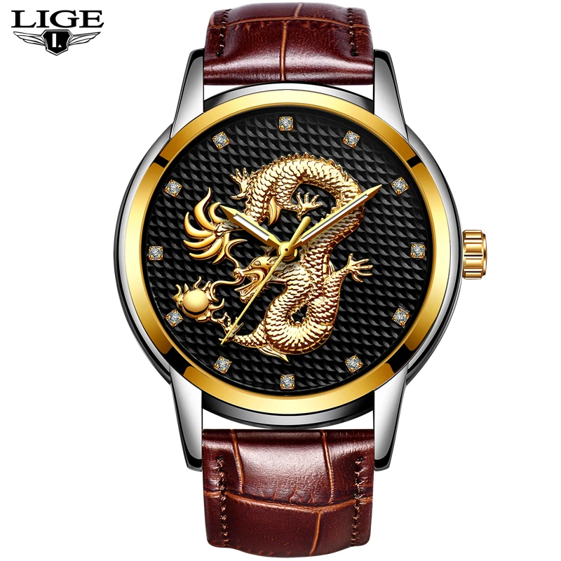 

Men Watches Top Brand LIGE Luxury Gold Dragon Sculpture Quartz Watch Men Leather Waterproof Wristwatch relogio masculino