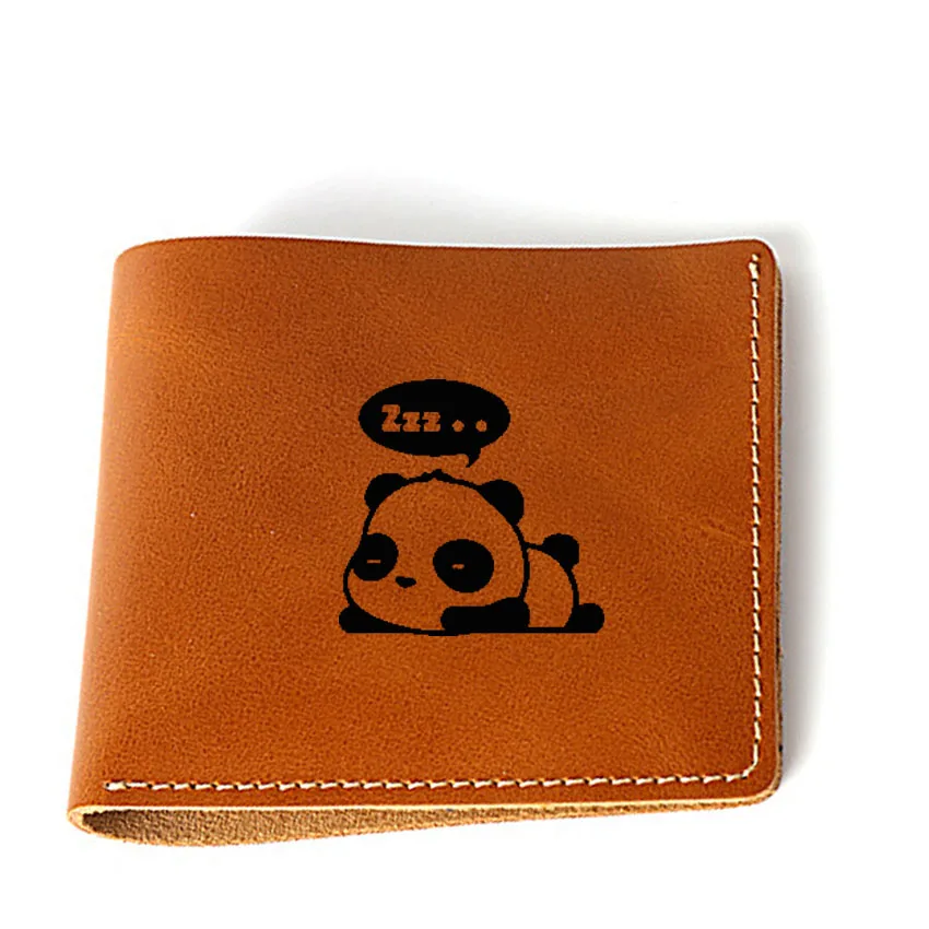 

Crazy Horse Leather small Purse Hasp Minimalist wallets Card Holders Purse Engraved Picture Cute Panda Cartoon wallets