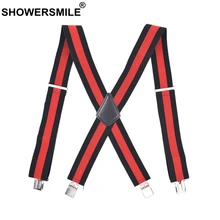 SHOWERSMILE Striped Suspenders For Shirt Red Wide Mens Trousers Suspenders Braces 5cm Male X Back Suspender Men Leather 4 Clip SHOWERSMILE Striped Suspenders For Shirt Red Wide Mens Trousers Suspenders Braces 5cm Male X Back Suspender Men Leather 4 Clip