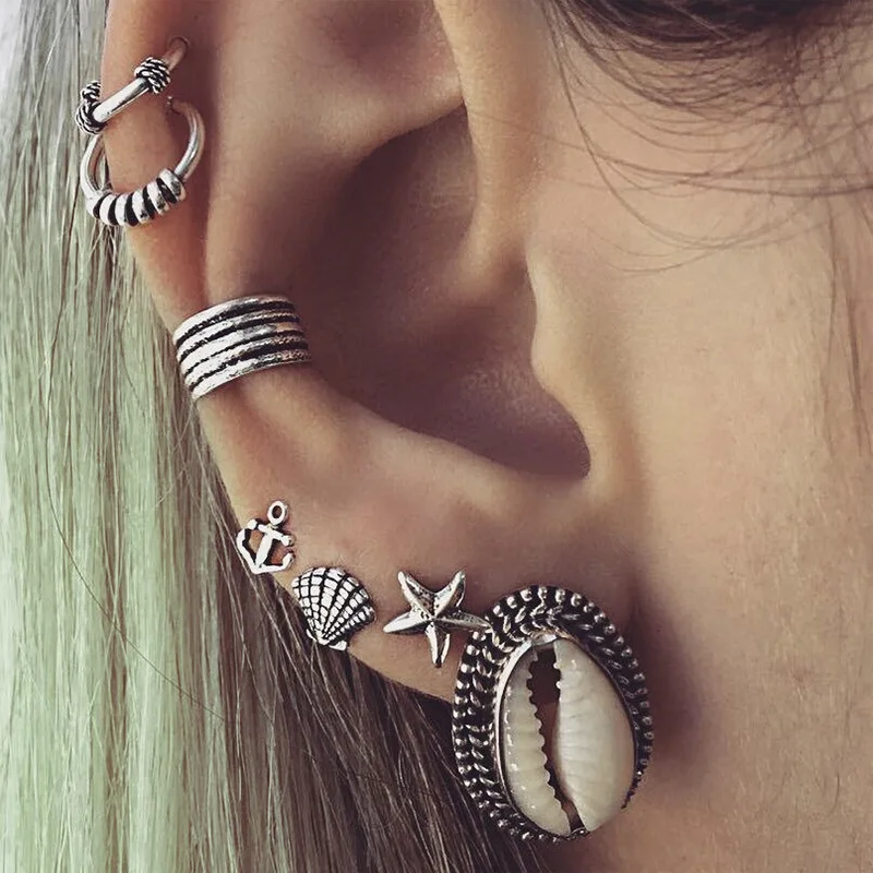 

FishPeach 7Pcs/Lot Bohemian Sliver Color Natural Shell Stud Earrings Set For Women Boho Starfish Statement Jewelry Brincos 2019