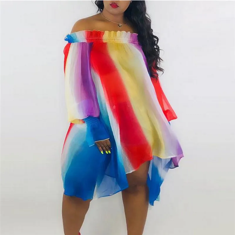 Красный Boho платье для женщин с открытыми плечами дамское мини-платье в радужную полоску с длинными пышными рукавами сарафан модное прямое женское платье - Цвет: Красный