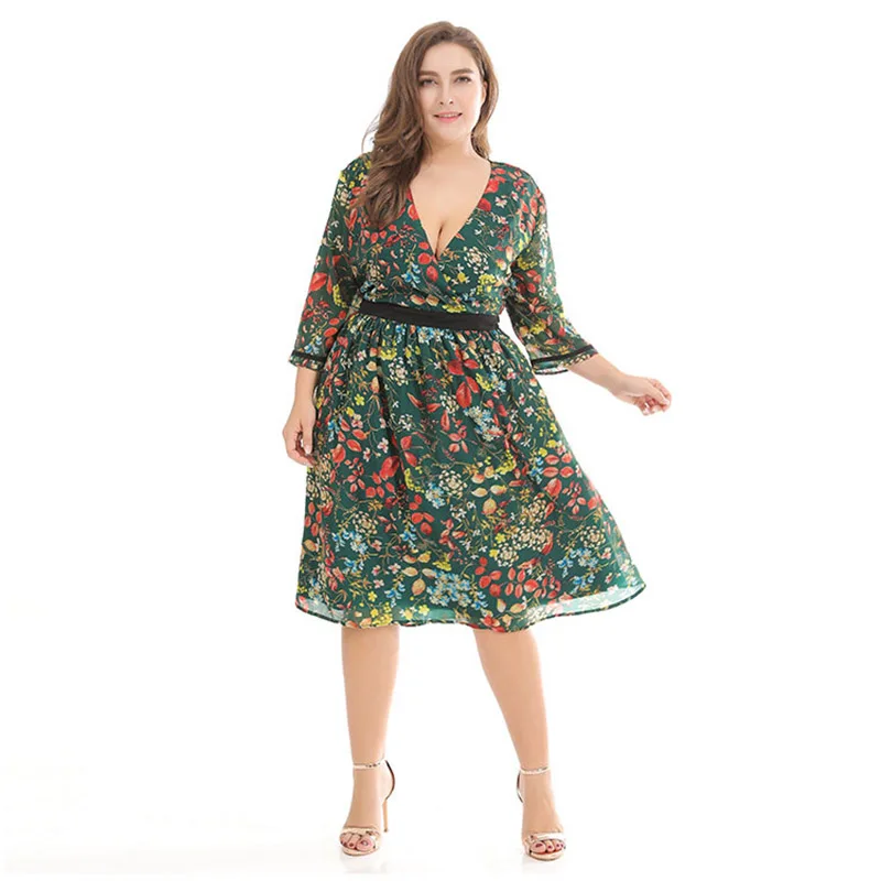 2018 new Plus Size For Fat Female Sexy Women Dress Deep V Neck print