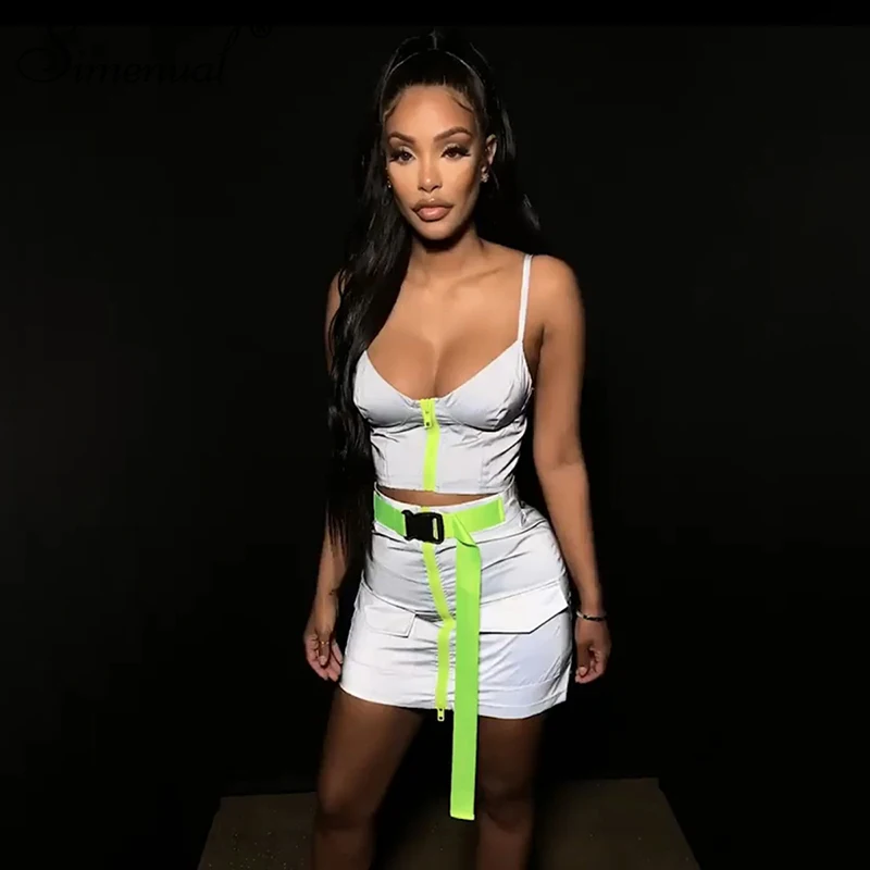 Simenual عاكسة مثير حزبين قطعة وتتسابق النساء أبازيم الصيف مجموعات Clubwear الأزياء تانك الأعلى و تنورة مجموعات سستة حزام