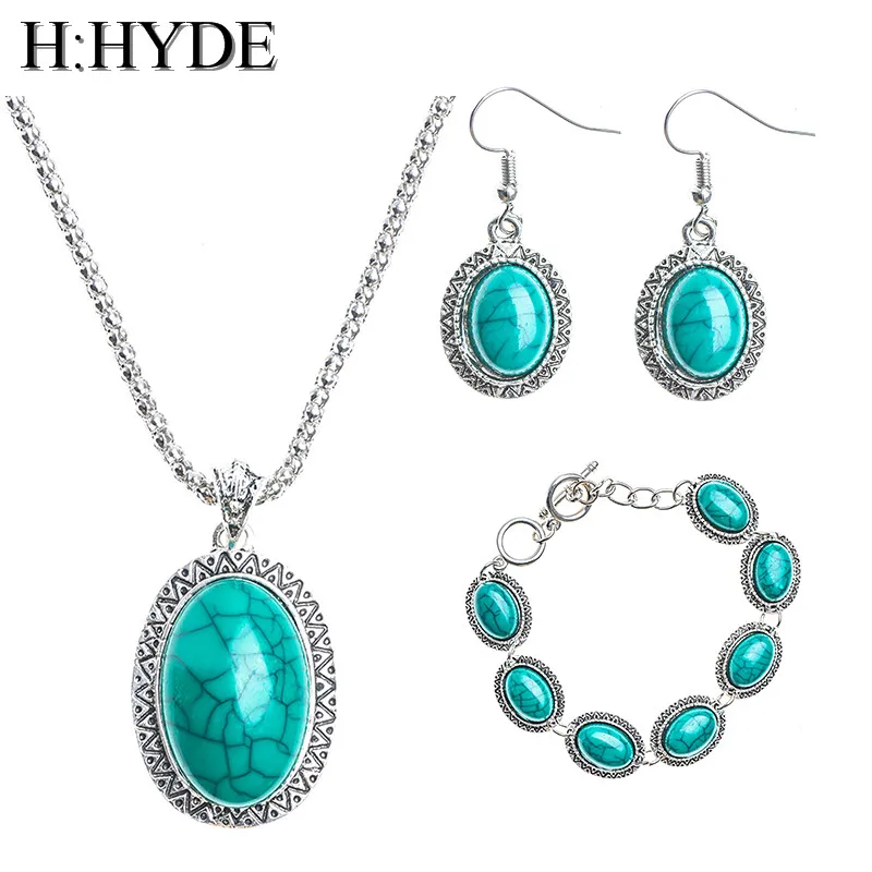 

H:HYDE Vintage Antique Silver Color Sunflower Green Natural Stone Necklace Bracelet Earrings Jewelry Sets parure bijoux femme