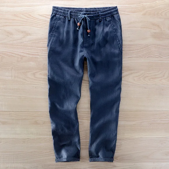 Новое поступление, мужские льняные брюки длиной до щиколотки, мужские летние однотонные льняные мужские брюки, размеры 30-40, свободные брюки, мужские брюки, hombre - Цвет: dark blue