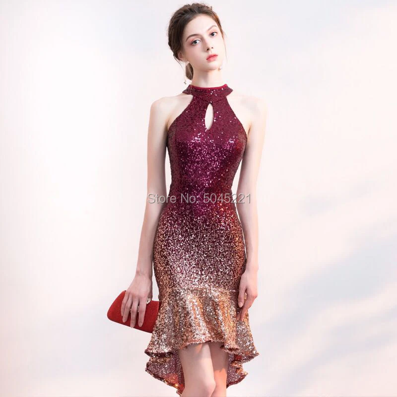 

New Arrival Halter Elegant Sequin Prom Dress Short Front Long Back Sparkle Formal Party Dress Saudi Arabic Robe De Soiree Longue