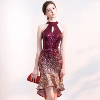 

New Arrival Halter Elegant Sequin Prom Dress Short Front Long Back Sparkle Formal Party Dress Saudi Arabic Robe De Soiree Longue