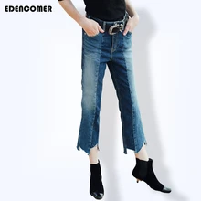 Edencomer New Street Women’s Ankle-length Jeans Splice Water Washed Asymmetric Bottom Denim Cropped Jeans 2017 Summer Pants