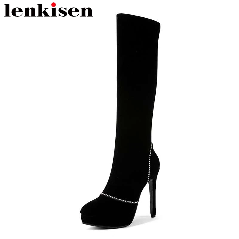 

Lenkisen hot sale flock beading zipper super high thin heels pointed toe large size european designer women knee-high boots L1f8