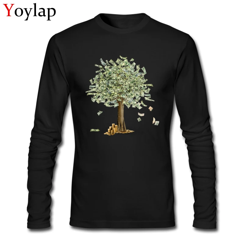 100% Cotton Men Long Sleeve Tops Tees Money grows on trees Design Summer/Fall T Shirts Print Classic Crewneck Tee-Shirt Money grows on trees black