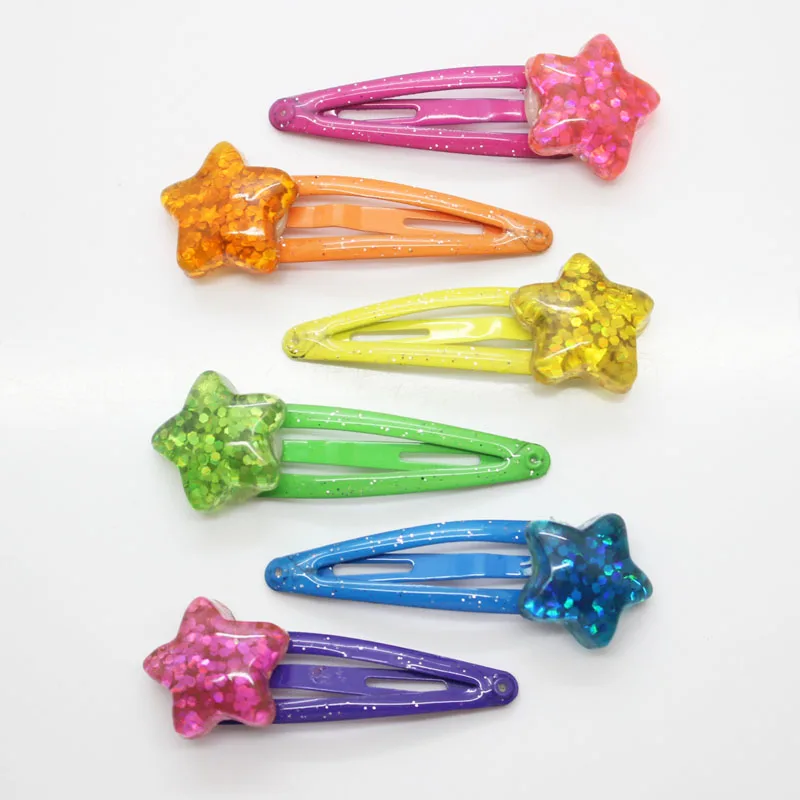 6Pcs/ set glitter star charm snap clips girl's bling pentagram hair clips fashion shinny hair