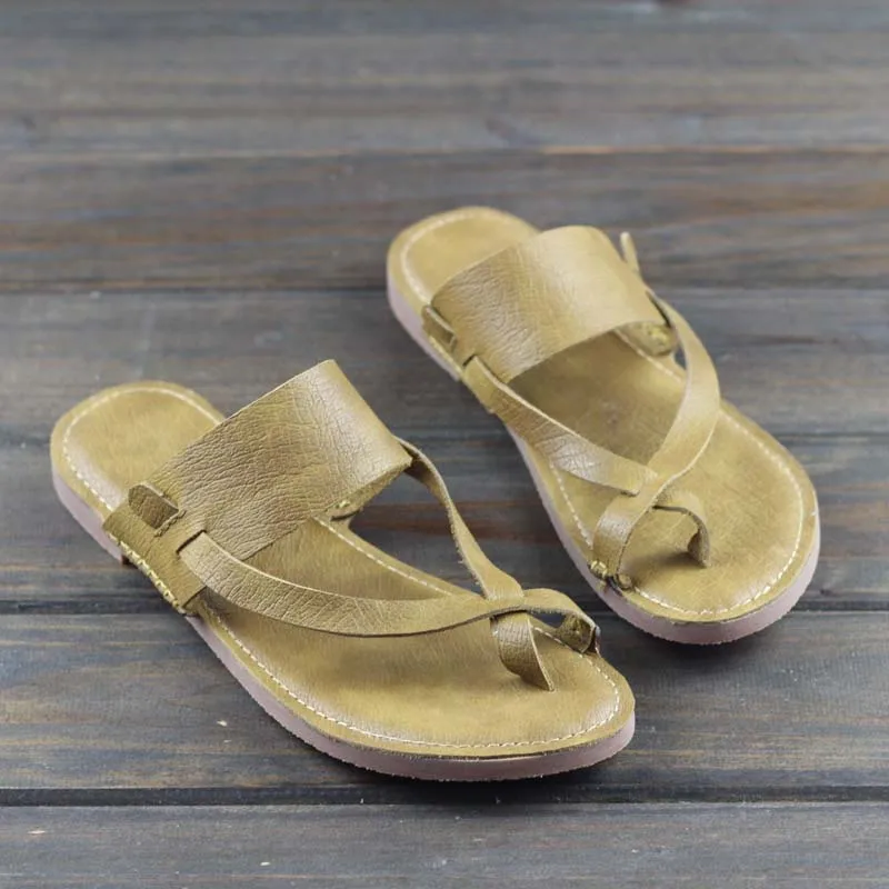 

2019 new summer first layer cowhide retro flat sandals and slippers