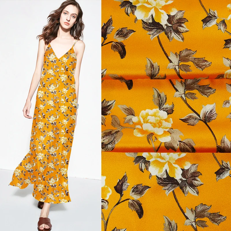 

118CM Wide 19MM Blue Floral Print Stretch Yellow Silk Satin Fabric Good for Summer Dress Skirt Shirt Pants JH070