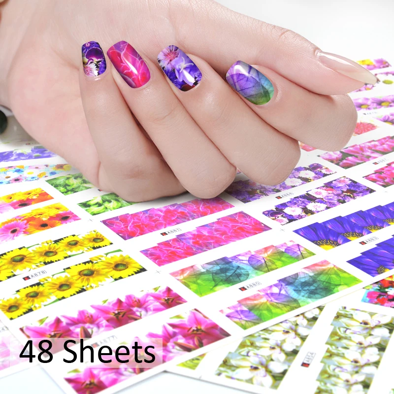 

1 Pack 48 Sheets Colorful Pretty Flowers Nail Art Water Stickers Decals Full Wraps Nails Transfer Sticker For Women Nails DIY