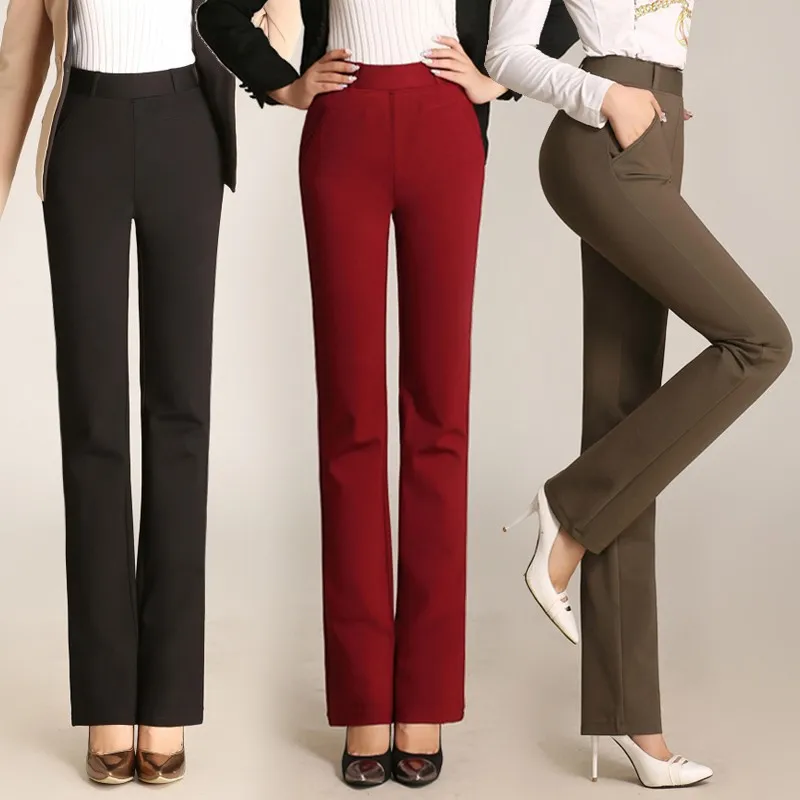 Высокая талия эластичный Полная длина Прямые брюки для женщин большие размеры Осень-весна повседневные штаны женский сплошной цвет fmz0501