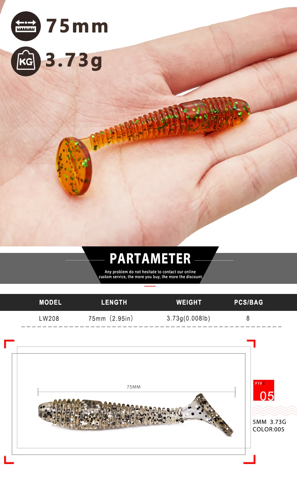 HUNTHOUSE 2018 7.5cm 3.73g  8 pcslot T-tail rubber lure  Fishing Lure  Baits Wobblers  Pesca for fishing bass 2