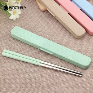 WORTHBUY 304 Нержавеющая сталь китайские палочки для еды пшеничной соломы Портативный путешествия многоразовые палочки для еды для суши Хаши - изображение