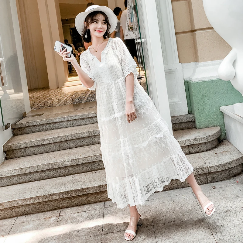 

Goaryunve 2019 Summer Pregnant Women Short Sleeve V-neck Lace Dress Ankle-length Maternity Loose Maxi Dress White+beige Lining