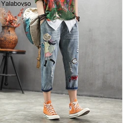 Woman Calf-length pants Casual Jeans Denim Embroidery Trousers for woman Harem pants Female with cartoon Embroidery A0BZ30 Woman Calf-length pants Casual Jeans Denim Embroidery Trousers for woman Harem pants Female with cartoon Embroidery A0BZ30