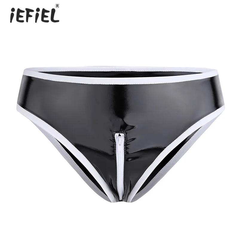 

Womens Lingerie Briefs Underwear Wet Look Patent Leather Panties Zipper Open Crotch Panties Clubwear Low Rise Erotic Underpants