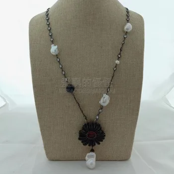

N041510 28'' White Keshi Pearl Chain Necklace Cz Pave Flower Pendant