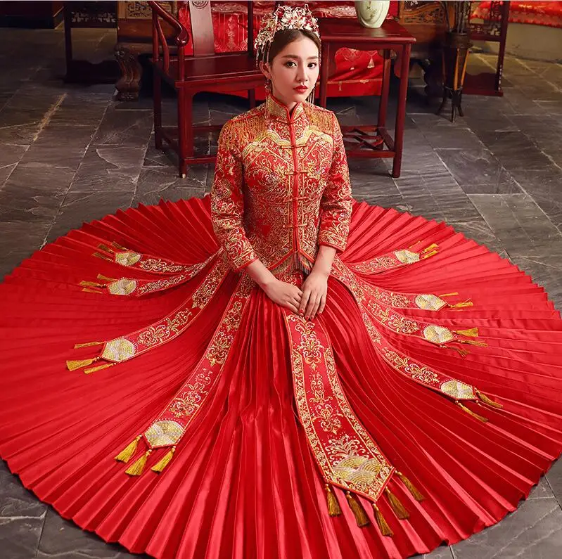 Высокое качество Красный Традиционный китайский свадебное платье долго Cheongsam ручной вышивки Qipao платья Ретро Халат Размеры XXL