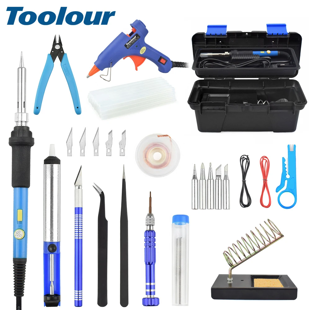 

Toolour 33 in 1 Electric Soldering Iron Kit US/EU 60W Switch Adjustable Temp Welding Tool Set 100-240V 20W Glue Gun with Toolbox