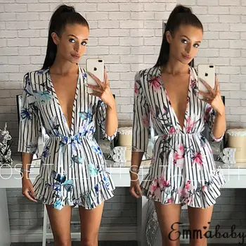 

Hot Sexy Women's Deep V Neck Clubwear Holiday Floral Stripes Bodycon Mini Jumpsuit Playsuit Romper Beach Shorts 2018 New